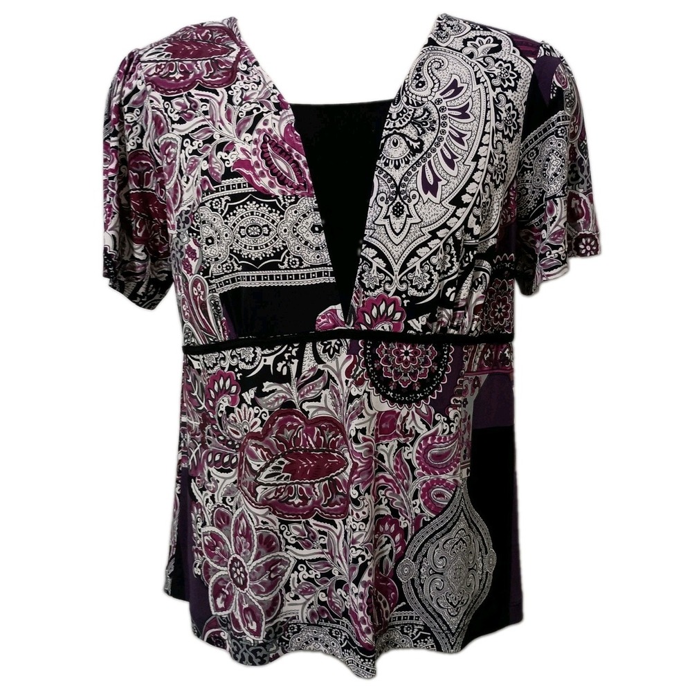 CJ Banks Top X Womens Boho Paisley Floral Purple Empire Waist Blouse Retro Y2K
